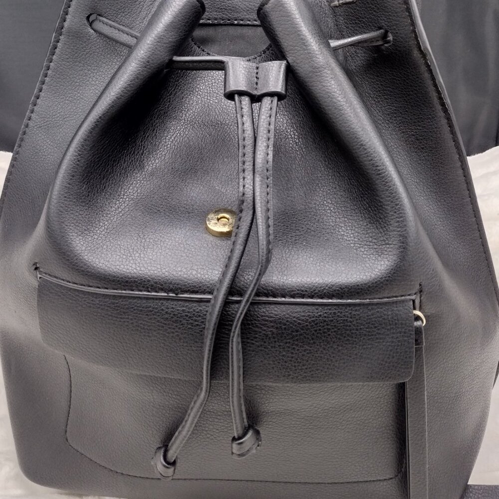 Zara Black Faux Leather Backpack Gold Hardware Flap Drawstring Adjustable Straps - Picture 11 of 13